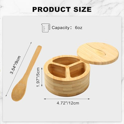 Salt Cellar - Salt Container Holder with Swivel Magnetic, 3 Compartment Salt Cellar with Lid and Spoon Holder, Wood Bowl Box, Salt and Pepper Bowls with Swivel Lid to Storage, 6OZ