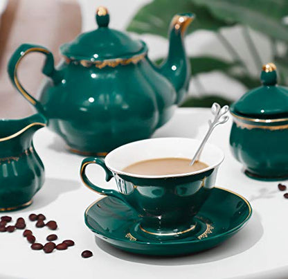 CHENP.HMC Tea Set 22-Piece Porcelain Ceramic Coffee Tea Sets Cups Saucer Service for 6 Teapot Sugar Bowl Creamer Pitcher and Teaspoons Porcelain Tea Set (Dark Green) - color: Dark Green
