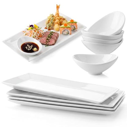 12.6" White Ceramic Serving Tray Set, 4 Rectangular Platters & 4 Dipping Bowls, Chips Salsa Veggie Taco Fry Serving Dishes, Reusable Charcuterie Sushi Plate for Party Kitchen Home