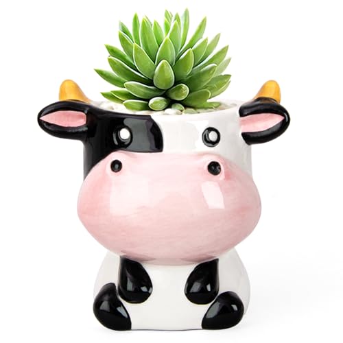 Cute Cow Animal Ceramics Planter Succulent Pot with Drainage | Plant Pot for Indoor Mini Plants Flower Cactus, Home and Garden Decor Fun Gifts - color: Cow