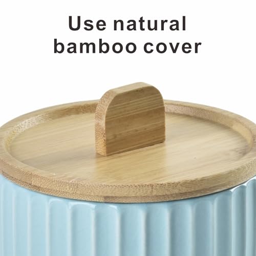 Salt Cellar Keeper with Bamboo Lid, 14oz Big Capacity Ceramic Sugar Bowls Pepper Box, Crackle Glaze Seasoning Container Condiment Pot for Kitchen (Cyan Color) - color: Cyan