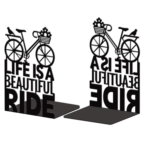 5.3"x4.3"x7.9" Metal Bookends, Heavy Duty Book Ends for Shelves | Bicycle Theme Cast Iron Book Supports, 1 Pair Decor Stoppers for Desk, Library, Office & Home Shelves - style: Bicycle