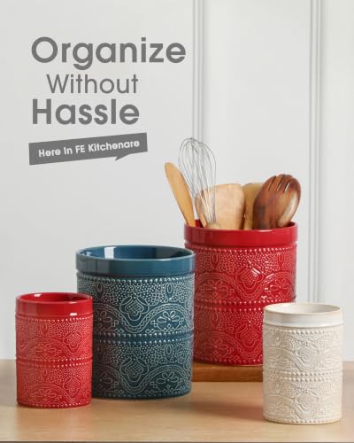 Kitchen Utensil Holder, 7.2" Super Large Utensil Crock Heavy and Stable Lace Emboss Ceramic Utensil Holder for Kitchen Counter (Christmas Red) - color: Christmas Red