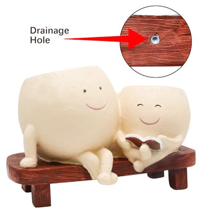 LAUGOKEBE Cute Smily Face Plant Pot for Indoor Outdoor with Drainage Hole | Unique Double Head Reading Book Planters, Funny Succulent Flower Pots, Plant Gifts for Mother's Day, Birthday, Christmas