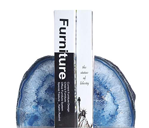 JIC Gem Blue Agate Geode Bookends Anti-Slip Rubber Bumpers Decor 2-3 Lbs | 1 Pair Dyed blue crystal Book ends Book stoppers Polished Stone Book Supports for Bookshelf Desktop Home Office Decor - color: Blue Dyed, size: 2-3LBS.