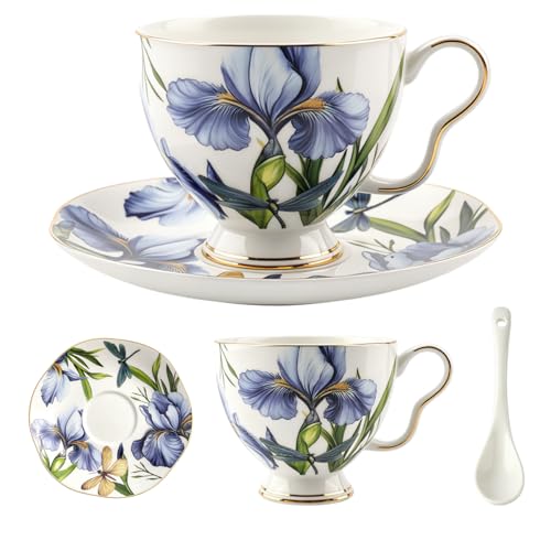 Bone China Tea Cup and Saucer Set with Spoon, 7 Oz Elegant Floral Teacup, British Style Porcelain Cup and Saucer, Gift for Women, Birthday and Christmas - color: flower-W01