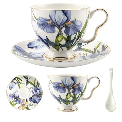 Bone China Tea Cup and Saucer Set with Spoon, 7 Oz Elegant Floral Teacup, British Style Porcelain Cup and Saucer, Gift for Women, Birthday and Christmas - color: flower-W01