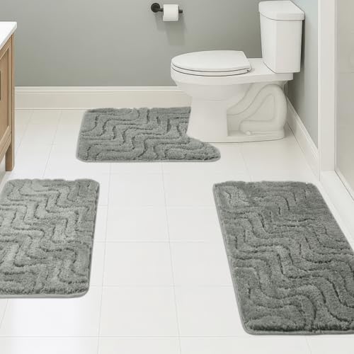 Bath Rugs Set 3 Pieces Bathroom Mat Soft Absorbent Plush Shaggy Soft Floor Non Slip Shower Bath Tub Machine Washable (Moss-Wave, 20"x32"/20"x20"/17"x24") - color: Moss-wave, size: 20"x32"/20"x20"/17"x24"