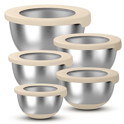 KITEISCAT Stainless Steel Mixing Bowls with Lids – Set of 5 Large Nesting Metal Bowls for Kitchen, Baking, Cooking, Food Prep & Storage, Non-Slip Base, Dishwasher Safe,Khaki - color: Khaki