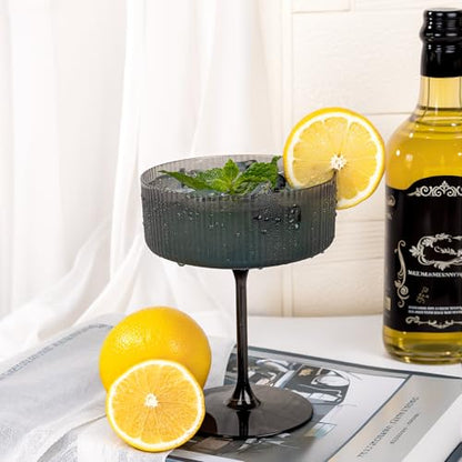 Ciaell 12 Pack Black Plastic Martini Glasses for Bars Parties | 10 oz Black Ribbed Coupe Cups, Heavy Duty Plastic, Cocktails Whiskey Margaritas Wine for Weddings - color: Black