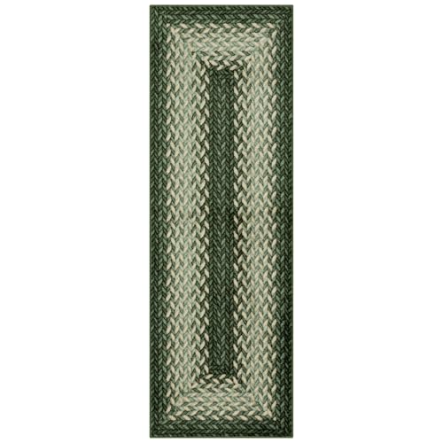 Maples Rugs Marion Bohemian Braided-Style Print Runner Rug – Made in USA – Washable, Non-Slip Indoor Runner for Hallway, Kitchen, and Laundry Room, 2' x 6', Green - color: Green, size: 2' x 6' (Oblong)