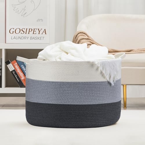 XXXLarge Woven Cotton Rope Basket (21.7" x 13.8") 90L – Blanket Basket for Living Room, Laundry Hamper, Baby Laundry Hamper, Toy Storage, Pillows & Cushions Organizer (White & Blue) - color: White & Blue