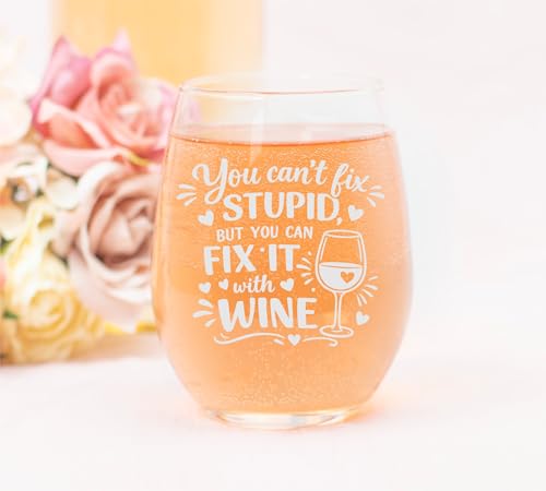 C M You Can't Fix Stupid Stemless Wine Glass, 17 oz, Style S1 | Funny Gift for Women and Men, Dishwasher Safe, Etched Design