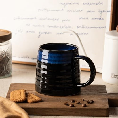 15.5oz Large Heavyweight Ceramic Mug, Reactive (Blue-Black) | 15.5oz Medium-Large, Heavy Weighted Stoneware, Reactive Transmutation Glaze, Microwave & Dishwasher Safe, Gift Box - color: Blue-Black