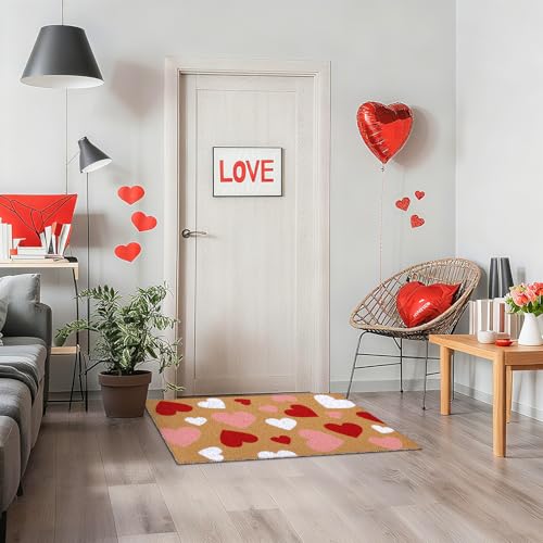 Duraaamo Valentine Coir Door Mat Welcome Doormat Red Pink White Heart Pattern Non Slip for Outdoor Entrance Front Porch Entryway Decor - style: Heart