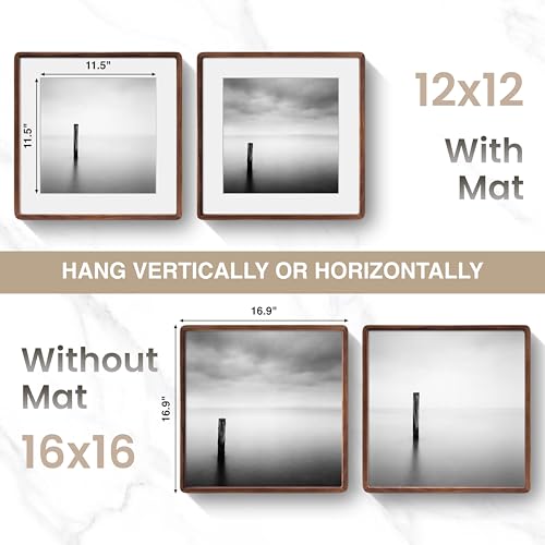 Acovy 16x16in Picture Frame, Natural Solid Walnut | Handcrafted Wooden Photo Frame, Dual Use for Wall Mount, Matted to Fit 8"x8" Photos, HD Tempered Glass - color: Walnut, size: 16x16in