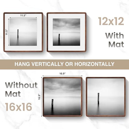 Acovy 16x16in Picture Frame, Natural Solid Walnut | Handcrafted Wooden Photo Frame, Dual Use for Wall Mount, Matted to Fit 8"x8" Photos, HD Tempered Glass - color: Walnut, size: 16x16in