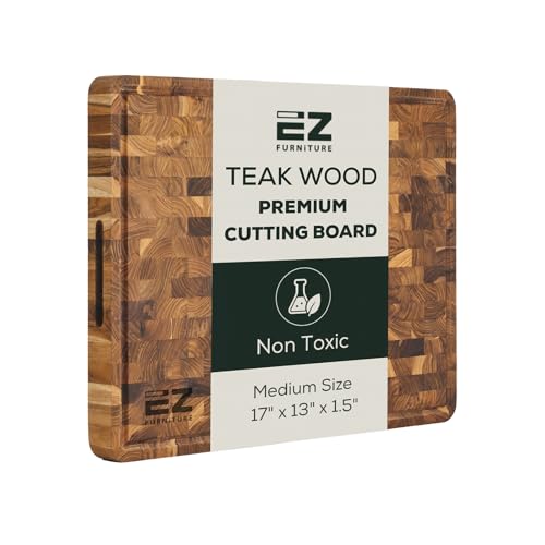 EZ FURNITURE Medium (M) Teak End Grain Cutting Board, Reversible, Knife-Friendly Charcuterie Wood Cutting Board with Juice Groove & Handles, Non-Toxic, Gift Box Included (7" x 13" x 1.5") - color: M - Teak End Gain, size: 17"L x 13"W