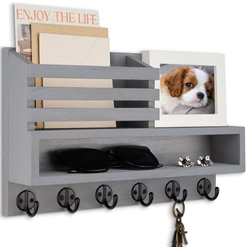 Key and Mail Holder Wall Mount, Key Holder with Long Storage Box | Key Hanger with Mail Slot, 6 Key Hooks for Coat, Dog Leash, Home Decor Rack, House Accessories, Entry Way Organizer - color: Gray, size: Large - 13.8 Inch