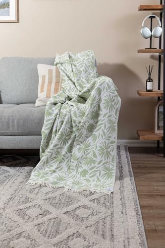 Flower Organic Cotton Turkish Throw Blanket, Muslin - Olive | Thin, Soft, Lightweight, Breathable Gauze Weave, Green and White Reversible Floral Print, for Sofa, Chair, Couch, 65" x 65" - color: Olive Whimsy