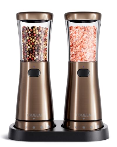 Electric Salt and Pepper Grinder Set with Storage Base, Stainless Steel Rechargeable Salt and Pepper Grinder Set with 4.5 oz Large Capacity, 1.8" Wide Mouth, Adjustable Coarseness, Ideal for Kitchen - color: Bronze