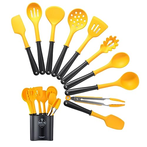 11pcs/set Yellow and Black Silicone Kitchen Utensils Set Kitchen Cooking Utensils With Holder Storage Heat Resistant Non-stick Cooking Tools Kitchen Gadgets Tools Set - color: Yellow and Black Kitchen Utensils