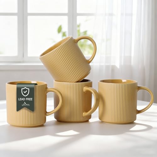 MONITO 16Oz Coffee Mugs Set of 4, Rustic Ceramic Coffee Cup Set with Handle | Vintage Striped Stoneware Large Coffee Mugs for Latte, Cocoa, Tea, Milk, Microwave & Dishwasher Safe, Lemon Yellow - color: Lemon Yellow, size: 4PCS