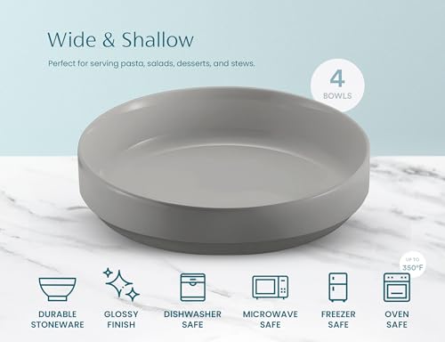 KooK Ceramic Large Pasta Bowls, Microwave and Dishwasher Safe, Great for Soups and Salads, Shallow Serving Bowls, Glossy Porcelain, 47 oz, Set of 4, Powder Grey - color: Powder Grey