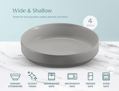 KooK Ceramic Large Pasta Bowls, Microwave and Dishwasher Safe, Great for Soups and Salads, Shallow Serving Bowls, Glossy Porcelain, 47 oz, Set of 4, Powder Grey - color: Powder Grey