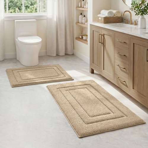 HOMEIDEAS Boho Bathroom Rugs, Modern Farmhouse Bathroom Decor, Super Soft and Absorbent Shower Mats, Non Slip, Machine Washable Bath Mat for Farmhouse Decor, 20" x 32" + 16" x 24" - color: Khaki, size: 1'4" x 2'8" (16"x24"+20"x32")