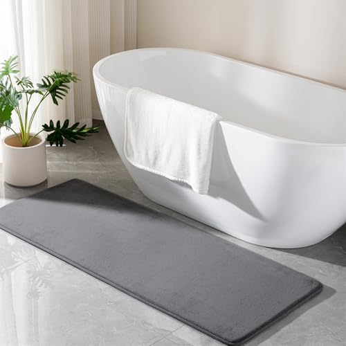 Grey Memory Foam Bath Mat Long 24x60 Bathroom Runner Rug Non Slip Washable | Soft Absorbent Microfiber Bathroom Carpet Thin Bathrug - color: Grey, size: 24" x 60" (Runner)