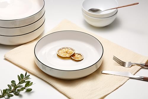 KooK Ceramic Large Pasta Bowls, Microwave and Dishwasher Safe, Great for Soups and Salads, Shallow Serving Bowls, Glossy Porcelain, 47 oz, Set of 4, French - color: French