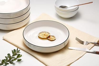 KooK Ceramic Large Pasta Bowls, Microwave and Dishwasher Safe, Great for Soups and Salads, Shallow Serving Bowls, Glossy Porcelain, 47 oz, Set of 4, French - color: French