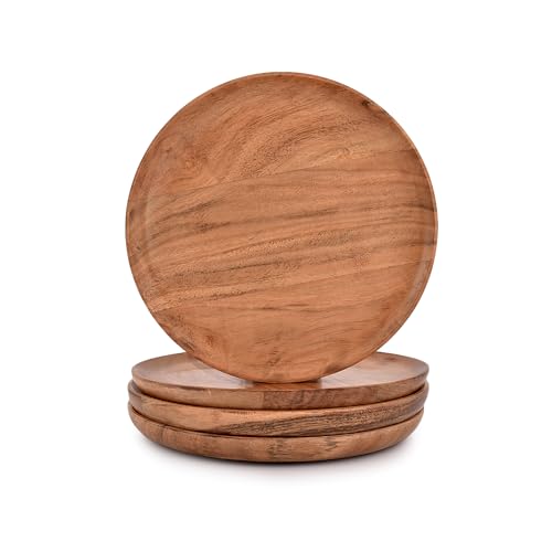 Acacia Wood Dinner Plates Set of 4 for Dishes Snack, Dessert Natural Wood Plates Serving Dinnerware Plate for Dinner (8" x 8" x 0.75")