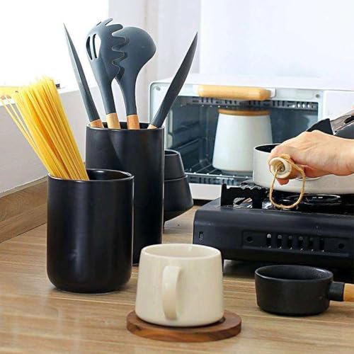 Kitchen Utensil Holder, 6.3"+5.3" Ceramic Kitchen Utensil Holder for Countertop, Large Cooking Utensil Crock for Kitchen Counter, Set of 2, for Spoons, Spatulas, Utensils (Black Set) - color: Black Set