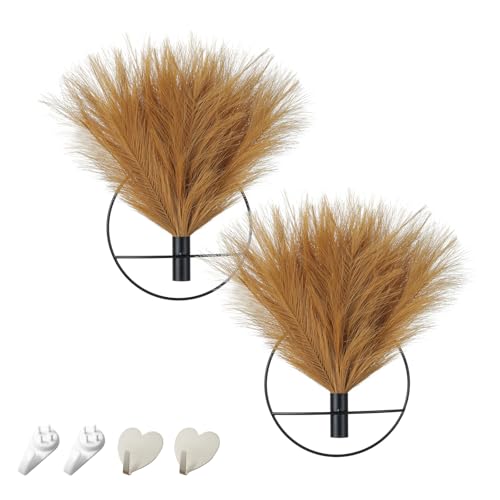 Pretty Jolly Boho Pampas Wall Decor Black Metal Wall-Mounted Art | Morden Artificial Greenery Display，2 Pack Hanging Planter For Living Room, Bedroom, Bathroom, Dining room - color: 14-pampas-turmeric - Black Ring, size: S 7.8inch (Black Ring)
