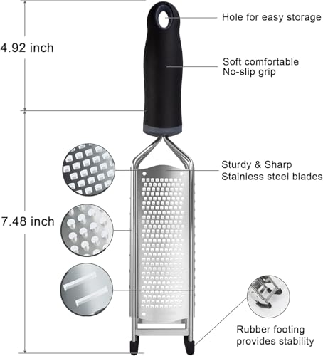 3-in-1 Lemon Zester & Cheese Grater, 304 Stainless Steel, 12-Inch, Black | Three Blade Surfaces for Fine Zesting, Coarse Grating and Slicing, 304 Stainless Steel, Non-slip TPE Handle, Dishwasher Safe - color: M-Black