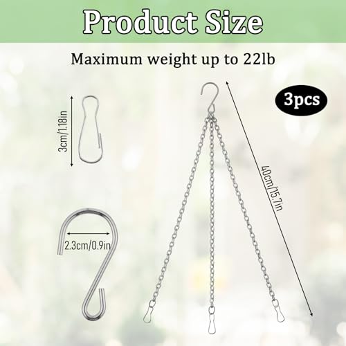 3Pcs 16 Inch Hanging Basket Chain with Hooks, Sliver Metal Flower Plant Pot Replacement Chains Hanger for Baskets Bird Feeders Planters Wind Chime Billboards