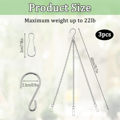 3Pcs 16 Inch Hanging Basket Chain with Hooks, Sliver Metal Flower Plant Pot Replacement Chains Hanger for Baskets Bird Feeders Planters Wind Chime Billboards