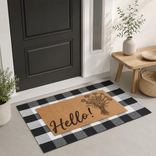 Layered Doormat Set, 27"x43" Black White Buffalo Plaid Rug, 17"x30" Hello Floral Welcome Mat, Farmhouse Spring Front Door Mat for Entryway Porch Indoor Outdoor (Black Floral) - color: Black Floral