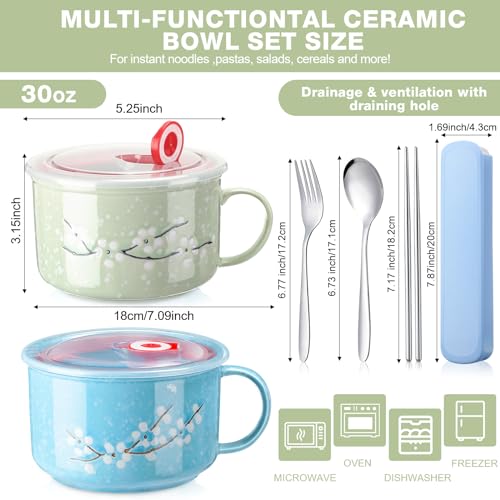 2 Pcs 30 Oz Ceramic Bowl with Lid Handle Noodle Cup,Blue, Green | Microwave Soup Bowls for Instant Meals, Cherry Blossom Design, 2 Stainless Utensils Sets with Case for Office Dorm Lunch - color: Blue, Green
