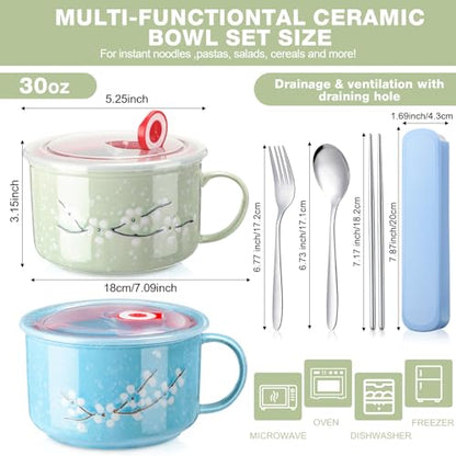 2 Pcs 30 Oz Ceramic Bowl with Lid Handle Noodle Cup,Blue, Green | Microwave Soup Bowls for Instant Meals, Cherry Blossom Design, 2 Stainless Utensils Sets with Case for Office Dorm Lunch - color: Blue, Green