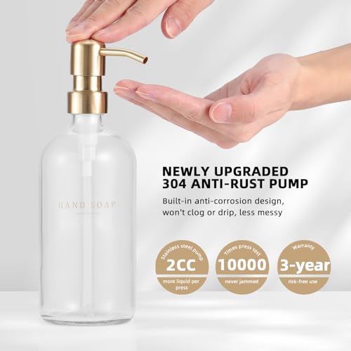 Glass Soap Dispenser - Dish Hand Soap Dispenser Set for Kitchen, Bathroom Soap Lotion Dispenser with 304 Rust Proof Pump, Tray, Clear Bottle/Gold Pump - color: Clear Bottle/Gold Pump + Tray + Funnel