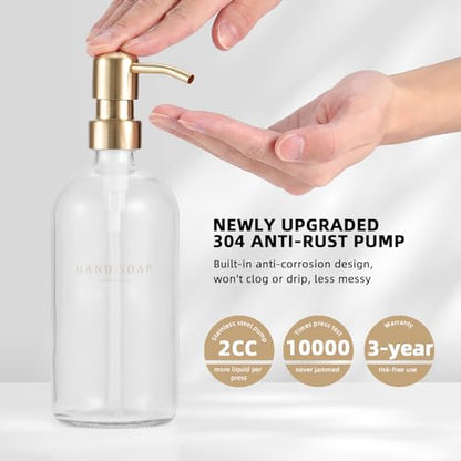 Glass Soap Dispenser - Dish Hand Soap Dispenser Set for Kitchen, Bathroom Soap Lotion Dispenser with 304 Rust Proof Pump, Tray, Clear Bottle/Gold Pump - color: Clear Bottle/Gold Pump + Tray + Funnel