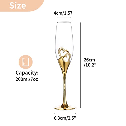 NUPTIO Gold Crystal Champagne Flutes, Wedding Gifts for Couple, Set of 2 | 6.76oz Rhinestone Rimmed Heart Toasting Glasses, Wine Cups for Anniversary, Engagement, Valentine's Day, Bridal Shower - color: Gold