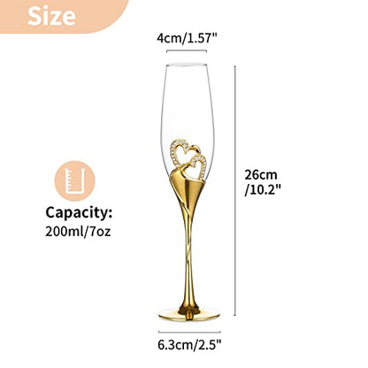 NUPTIO Gold Crystal Champagne Flutes, Wedding Gifts for Couple, Set of 2 | 6.76oz Rhinestone Rimmed Heart Toasting Glasses, Wine Cups for Anniversary, Engagement, Valentine's Day, Bridal Shower - color: Gold