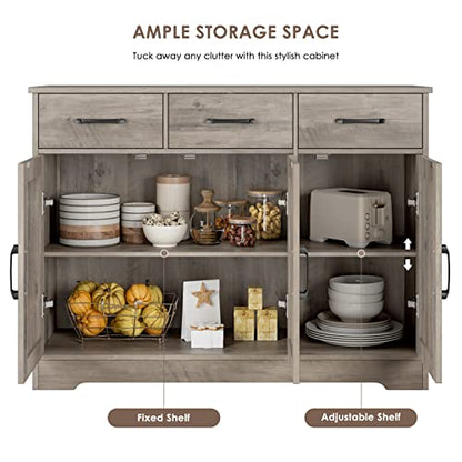 HOSTACK Kitchen Buffet Cabinet with Storage, Sideboard Coffee Bar, Grey | Farmhouse Kitchen Storage Cabinet with 3 Drawers & Adjustable Shelf, 42.5"W Buffet Table for Dining Living Room, White - color: Ash Grey