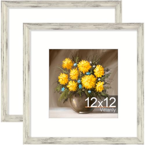 Vittanly 12x12 Picture Frames, Vintage Photo Frames, Distressed White, 2-Pk | Display 8x8 Pictures with Mat or 12x12 without Mat, Rustic Frames Covered by Plexiglass, Wall & Tabletop Farmhouse Home Decor - color: Distressed White, size: 12x12