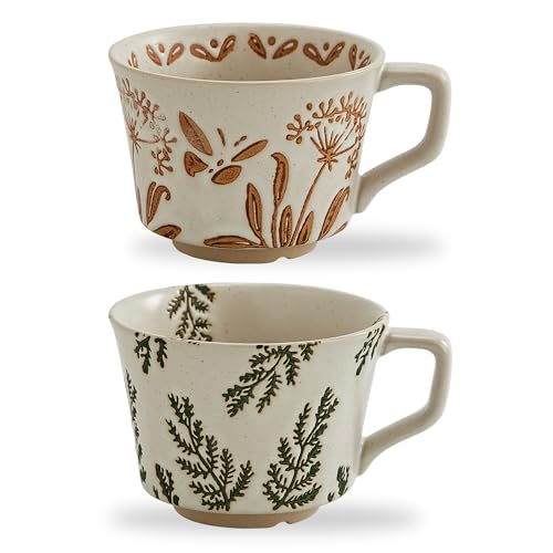 12oz Vintage Ceramic Coffee Mug Set of 2 - Handmade Stoneware Pottery Countryside Farmhouse Fall Autumn Tea Mugs with Big Handle for Latte,Cocoa,Dishwasher & Microwave Safe Cups (Plants) - color: Plants,Set of 2