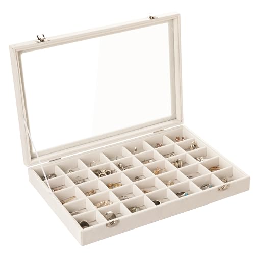 35 Grid Earring Organizer,Velvet Jewelry Tray with Clear Lid | Drawer Jewelry Organizer for Rings Studs Beads,Adjustable Dividers,Dustproof Design,Earring Storage,Trinket Box,13.8×9.5Inch - color: Beige, size: 35 Grid
